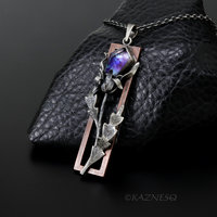 Oxidized Silver Thistle Pendant with a copper frame, Amethyst Mother of Pearl, Botanical Jewelry