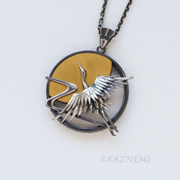 Japanese Crane in Flight with Rising Sun Pendant - Oxidized Sterling Silver & 24K Gold Keum-Boo