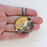 Japanese Crane in Flight with Rising Sun Pendant - Oxidized Sterling Silver & 24K Gold Keum-Boo