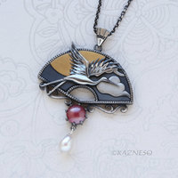 Oxidized Silver Crane Necklace with Keum-Boo Sun, Japanese Patina & Pearl
