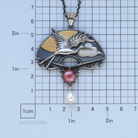 Oxidized Silver Crane Necklace with Keum-Boo Sun, Japanese Patina & Pearl