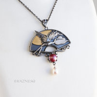 Oxidized Silver Crane Necklace with Keum-Boo Sun, Japanese Patina & Pearl