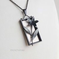 Sterling Silver Framed Flower Pendant - Handmade Black and White Botanical Necklace