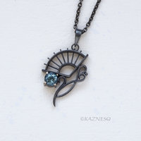 Blue Topaz Fan and Scrolls Pendant Necklace in Oxidized Sterling Silver
