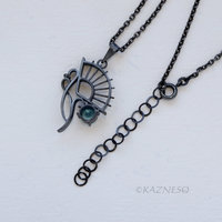 Blue Topaz Fan and Scrolls Pendant Necklace in Oxidized Sterling Silver