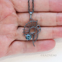 Blue Topaz Fan and Scrolls Pendant Necklace in Oxidized Sterling Silver
