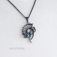 Blue Topaz Fan and Scrolls Pendant Necklace in Oxidized Sterling Silver