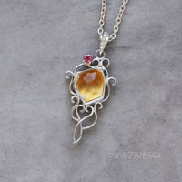 Rough-Cut Citrine Cabochon & Pink Tourmaline Pendant Necklace – White Mother of Pearl Backing, Sterling Silver Scrolls