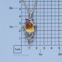Rough-Cut Citrine Cabochon & Pink Tourmaline Pendant Necklace – White Mother of Pearl Backing, Sterling Silver Scrolls