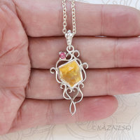 Rough-Cut Citrine Cabochon & Pink Tourmaline Pendant Necklace – White Mother of Pearl Backing, Sterling Silver Scrolls