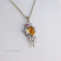 Rough-Cut Citrine Cabochon & Pink Tourmaline Pendant Necklace – White Mother of Pearl Backing, Sterling Silver Scrolls