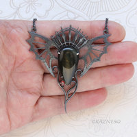 Dragon Wing Necklace | Oxidized Silver & Black Tiger Eye | Gothic Ironpunk Pendant | Garnet Accent | Handcrafted Statement Jewelry