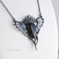 Dragon Wing Necklace | Oxidized Silver & Black Tiger Eye | Gothic Ironpunk Pendant | Garnet Accent | Handcrafted Statement Jewelry