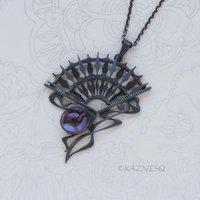 Art Nouveau Gothic Necklace — Handcrafted Oxidized Silver Dark Sun Fan Pendant with Amethyst Paua Shell