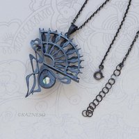 Art Nouveau Gothic Necklace — Handcrafted Oxidized Silver Dark Sun Fan Pendant with Amethyst Paua Shell