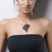 Art Nouveau Gothic Necklace — Handcrafted Oxidized Silver Dark Sun Fan Pendant with Amethyst Paua Shell