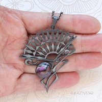 Art Nouveau Gothic Necklace — Handcrafted Oxidized Silver Dark Sun Fan Pendant with Amethyst Paua Shell