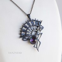 Art Nouveau Gothic Necklace — Handcrafted Oxidized Silver Dark Sun Fan Pendant with Amethyst Paua Shell