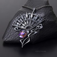 Art Nouveau Gothic Necklace — Handcrafted Oxidized Silver Dark Sun Fan Pendant with Amethyst Paua Shell
