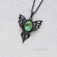 Handmade Gothic Pendant Necklace – Oxidized Silver Dragon Wing with Paua Shell Lemon Quartz Doublet & Brass Scrollwork