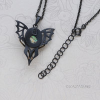 Handmade Gothic Pendant Necklace – Oxidized Silver Dragon Wing with Paua Shell Lemon Quartz Doublet & Brass Scrollwork