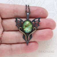 Handmade Gothic Pendant Necklace – Oxidized Silver Dragon Wing with Paua Shell Lemon Quartz Doublet & Brass Scrollwork
