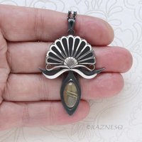 Oxidized Silver Fantasy Flower Pendant Necklace – Rutilated Quartz & Black Mother of Pearl, Handmade Art Jewelry