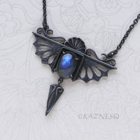 Gothic Art Nouveau Blue Labradorite Pendant Necklace - Oxidized Sterling Silver, Dragon Wing Rococo Shell