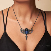 Gothic Art Nouveau Blue Labradorite Pendant Necklace - Oxidized Sterling Silver, Dragon Wing Rococo Shell