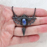Gothic Art Nouveau Blue Labradorite Pendant Necklace - Oxidized Sterling Silver, Dragon Wing Rococo Shell