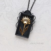 Gothic Botanical Necklace – Oxidized Silver Shadowbox Pendant with Gold Vermeil Ironpunk Flower