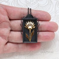 Gothic Botanical Necklace – Oxidized Silver Shadowbox Pendant with Gold Vermeil Ironpunk Flower