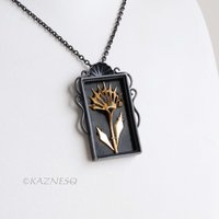 Gothic Botanical Necklace – Oxidized Silver Shadowbox Pendant with Gold Vermeil Ironpunk Flower