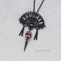 Oxidized Sterling Silver Ironpunk Fan Necklace | Handmade Gothic Pendant with Gemstone Drop