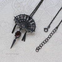 Oxidized Sterling Silver Ironpunk Fan Necklace | Handmade Gothic Pendant with Gemstone Drop