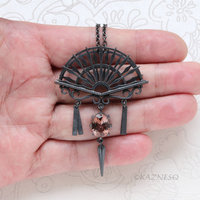 Oxidized Sterling Silver Ironpunk Fan Necklace | Handmade Gothic Pendant with Gemstone Drop