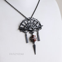 Oxidized Sterling Silver Ironpunk Fan Necklace | Handmade Gothic Pendant with Gemstone Drop