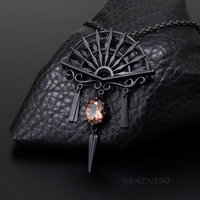 Oxidized Sterling Silver Ironpunk Fan Necklace | Handmade Gothic Pendant with Gemstone Drop