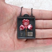 Specimen Box Necklace with Red Hido Copper Flower – Oxidized Silver Statement Jewelry