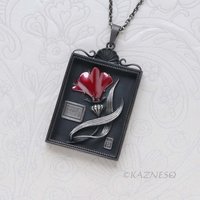 Botanical Specimen Box Pendant - Red Hido Copper Flower - Gothic Victorian Style Sterling Silver Necklace