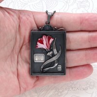 Botanical Specimen Box Pendant - Red Hido Copper Flower - Gothic Victorian Style Sterling Silver Necklace