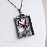 Botanical Specimen Box Pendant - Red Hido Copper Flower - Gothic Victorian Style Sterling Silver Necklace