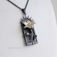 White Lily Flower Pendant Necklace Oxidized Sterling Silver Gothic Ironpunk wearable art Statement Jewelry