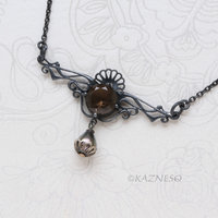 Smoky Quartz Necklace, Gothic Art Nouveau Oxidized Silver, Freshwater Pearl Drop, Dark Statement Jewelry