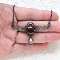 Smoky Quartz Necklace, Gothic Art Nouveau Oxidized Silver, Freshwater Pearl Drop, Dark Statement Jewelry