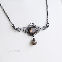 Smoky Quartz Necklace, Gothic Art Nouveau Oxidized Silver, Freshwater Pearl Drop, Dark Statement Jewelry