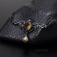 Smoky Quartz Necklace, Gothic Art Nouveau Oxidized Silver, Freshwater Pearl Drop, Dark Statement Jewelry