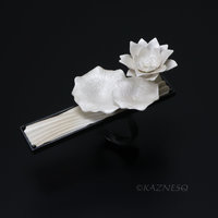 Lotus Flower Statement Ring in Sterling Silver — Handmade Black and White Botanical Art Jewelry