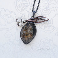 Picture Quartz Necklace, Landscape Stone Pendant, Copper Branch, Silver Cherry Blossom, Akoya Pearl, Dark Art Nouveau