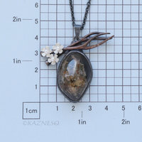 Picture Quartz Necklace, Landscape Stone Pendant, Copper Branch, Silver Cherry Blossom, Akoya Pearl, Dark Art Nouveau
